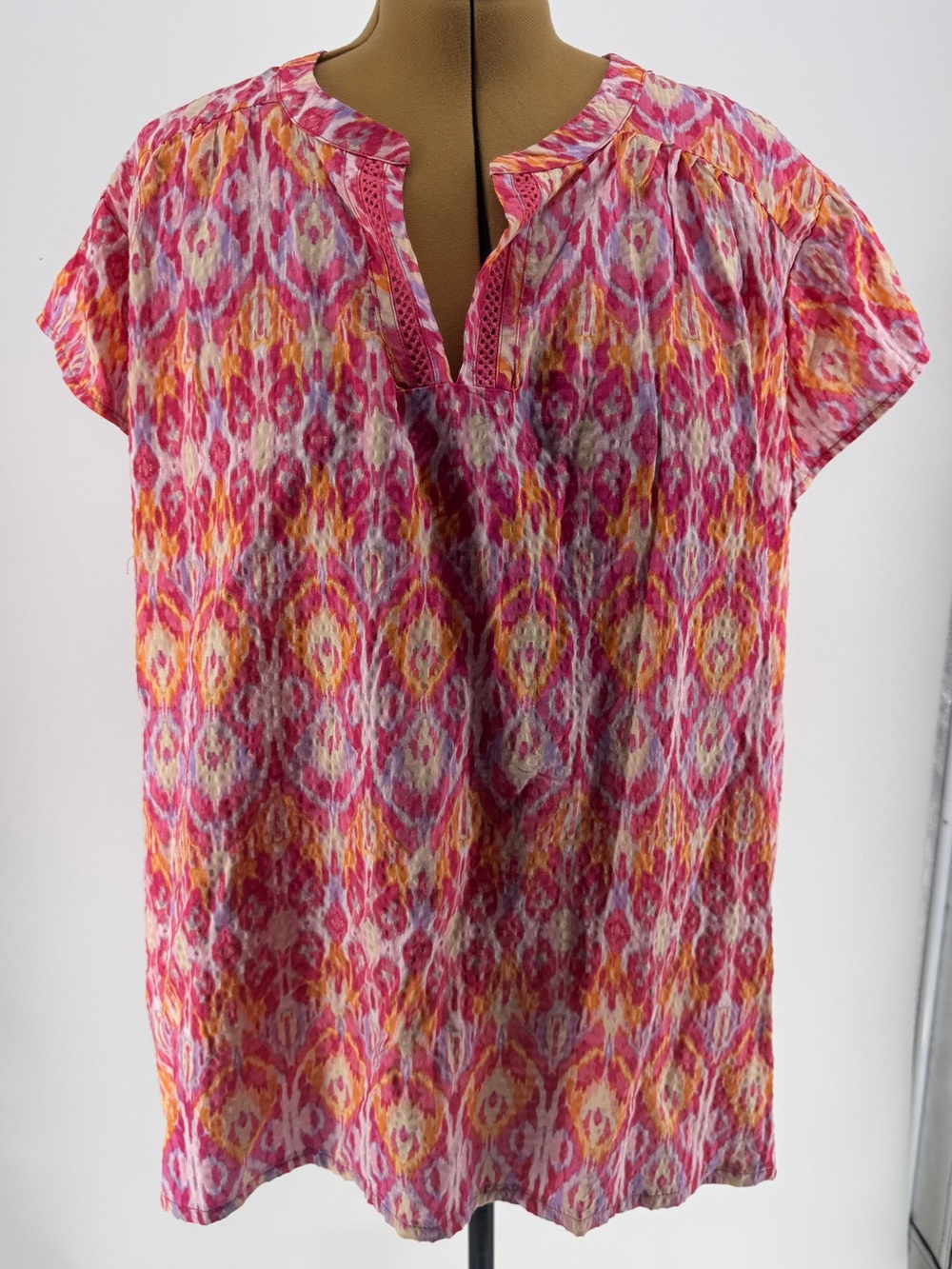 Lane Bryant Pink and Yellow Ikat Split-Neck Tunic